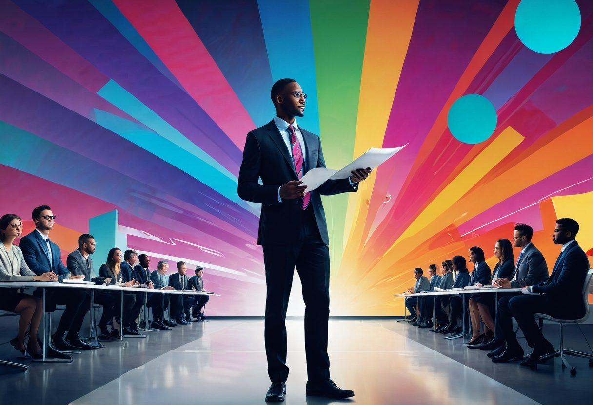 A confident job seeker holding a polished resume in one hand and reaching out to a futuristic interview panel with diverse professionals, embodying hope and ambition. The background features elements of a digital landscape symbolizing opportunities and pathways to success. Include motivational quotes subtly integrated into the scene. vibrant colors. super-realistic.