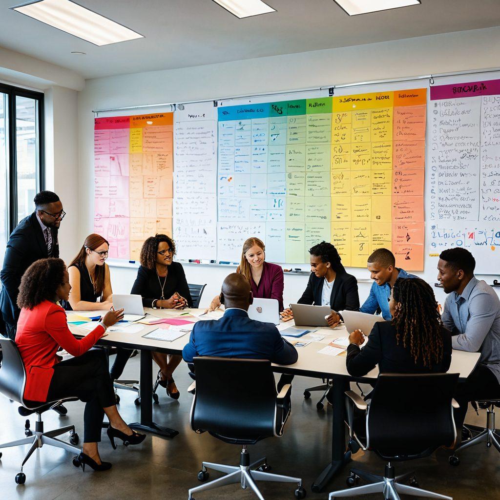 A diverse group of professionals collaborating around a large table, brainstorming ideas with laptops and notepads. Visual elements include motivational quotes on sticky notes, a growth chart on a whiteboard, and vibrant background colors symbolizing progress and empowerment. The atmosphere should convey teamwork and innovation. super-realistic. vibrant colors. bright background.