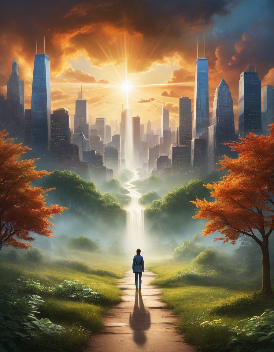 A person standing at a crossroads, with one path leading to a bright city skyline symbolizing a dream career and the other to a dark, unclear forest representing uncertainty. Surround the figure with floating symbols of job search tools like resumes, LinkedIn logos, and growth charts. Include subtle rays of sunlight breaking through clouds to signify hope and guidance. The background should blend a cityscape and natural elements, creating a sense of balance and aspiration. super-realistic. vibrant colors. inspirational.